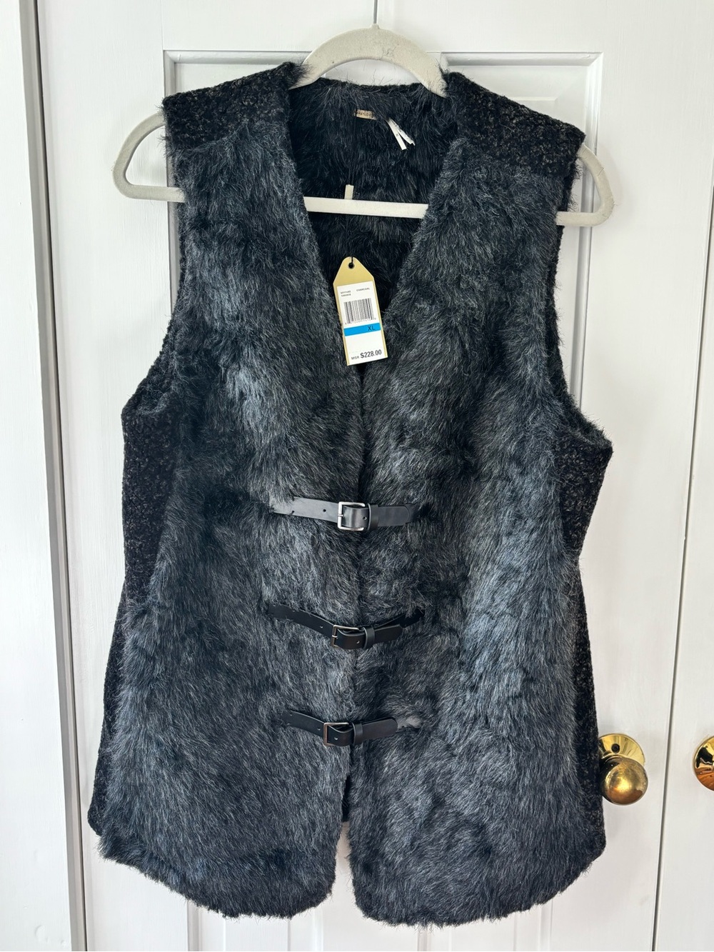 Max Studio Charcoal Black Faux Fur Buckle Vest